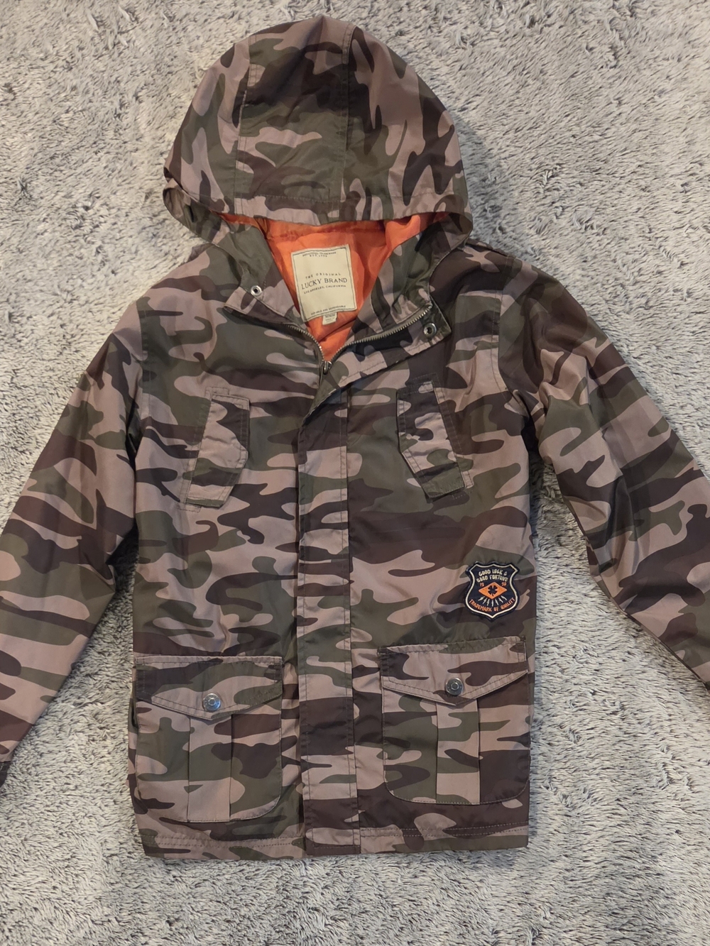 Lucky Brand Kids Camo Hooded Raincoat - Green/Brown with Orange Lining Sz 10/12